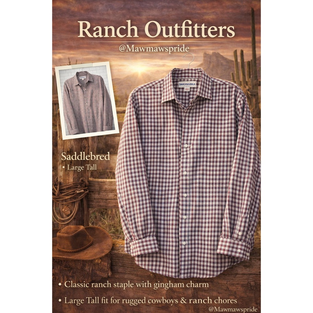 Saddlebred Tall‎ Man Mens Large Tall Gingham Button Down Shirt Burgundy Blue LT